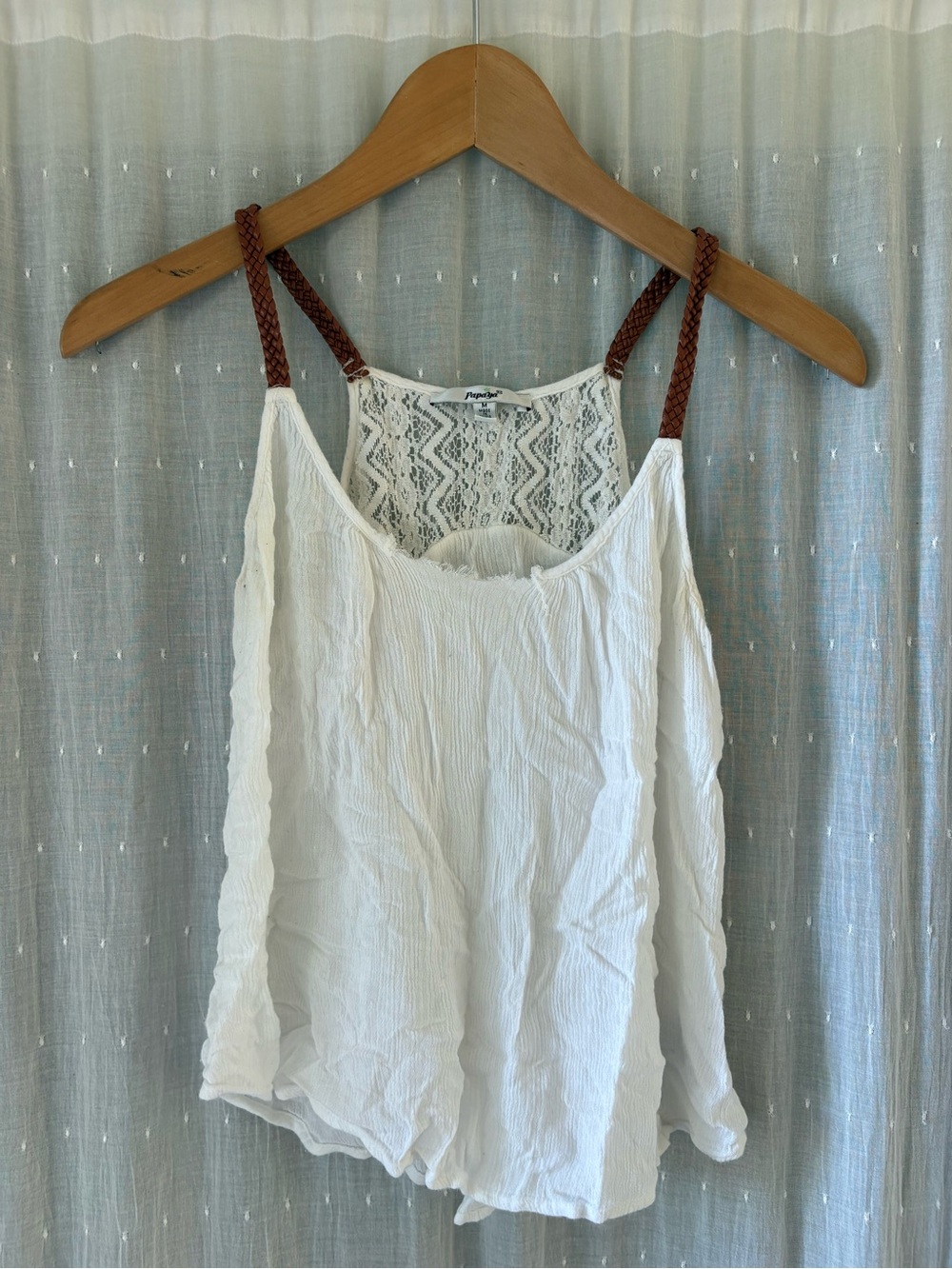 Papaya White Camisole with Brown Braided Straps and Lace Back